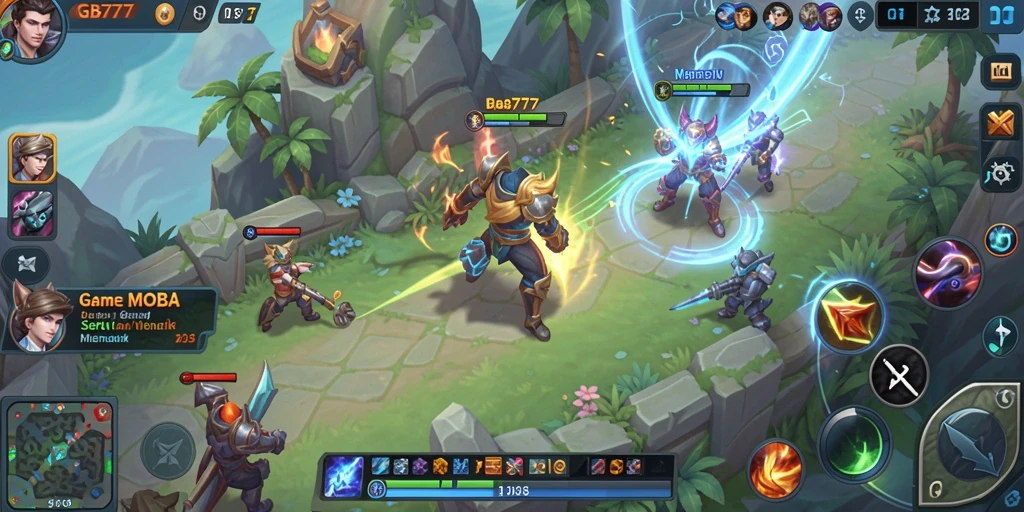 Screenshot utama GB777 menampilkan aksi pertarungan MOBA yang intens.