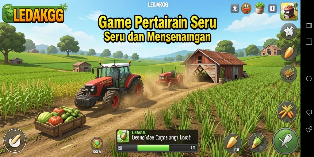 Screenshot gameplay LEDAKGG yang menampilkan suasana pertanian yang indah.