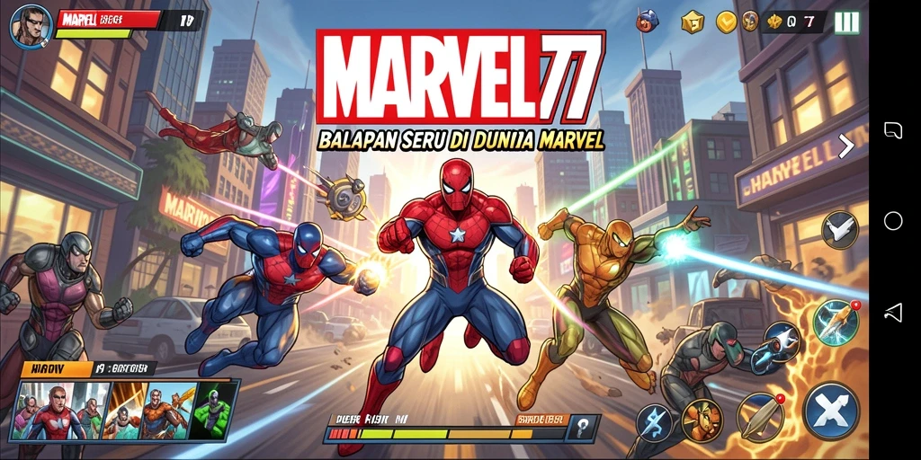 Screenshot gameplay MARVEL77 menampilkan aksi balapan yang mendebarkan.