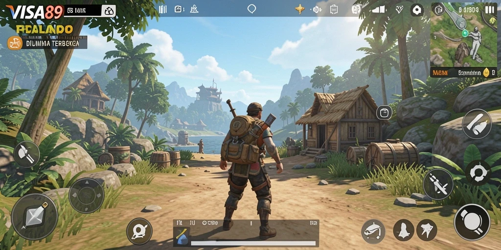 Screenshot menunjukkan gameplay eksplorasi dunia terbuka yang luas.