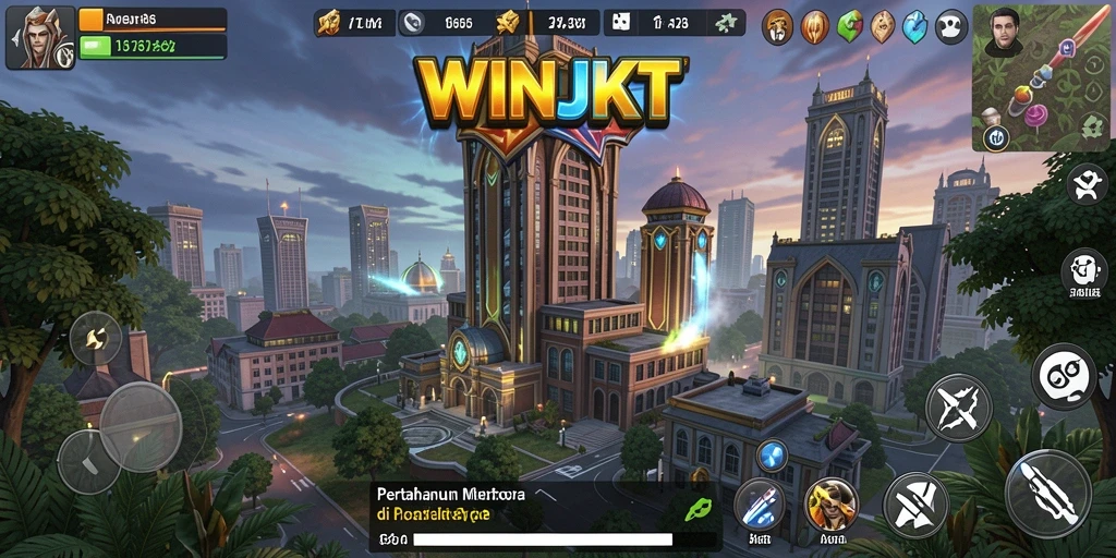 Tangkapan layar gameplay WINJKT dengan menara strategis beraksi.